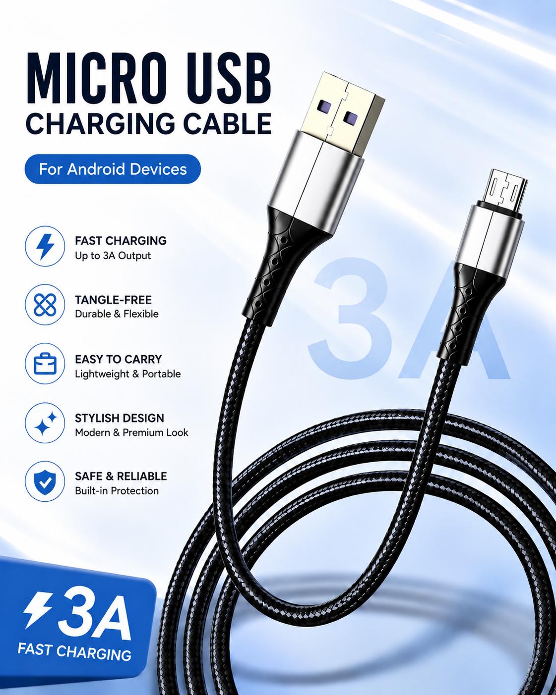 Micro USB Fast Charging Cable Nylon Braided Tangle Free USB A to Micro USB Cord for Android 1m чёрный