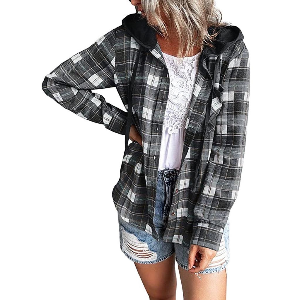 Womens Long Sleeve Plaid Hoodie Jacket 