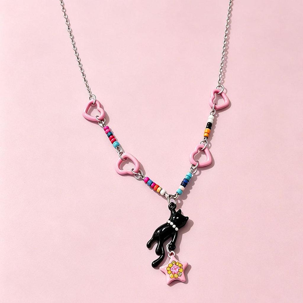 Cat Stealing Stars Pink Star Beaded Fashion Necklace Women Summer Dopamine Y2K Hot Girl Style Collarbone Chain Neck Chain