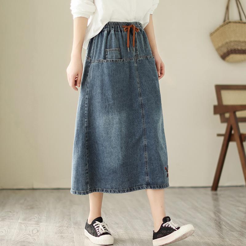 Damen Frühling Sommerrock Elastische Taille A-Linien-Rock Hohe Taille Bestickter Jeansrock