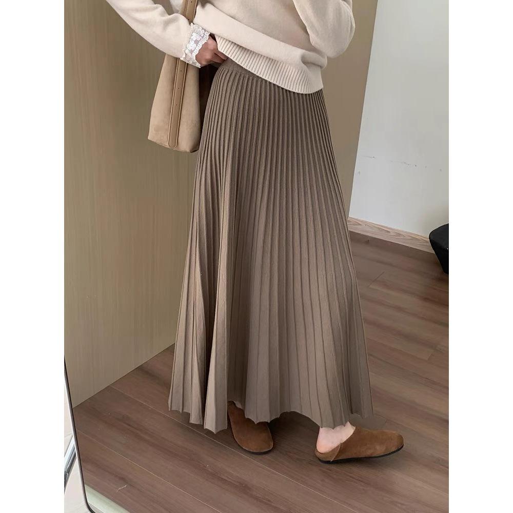Women's High-Waisted Pleated Faux Cashmere Midi Skirt - Slimming A-Line, Thickened for Spring/Autumn 2026