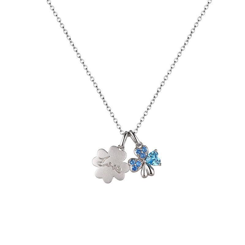 Stylish Versatile Simple Inlaid Blue Zircon Clover 925 Silver Necklace Female Premium 925 silver белый