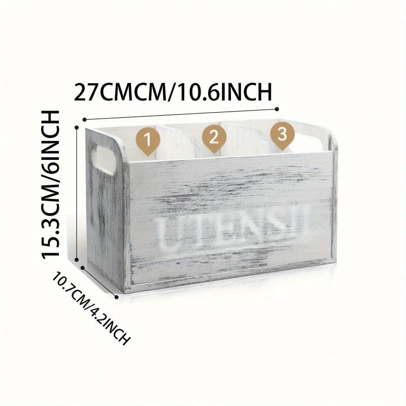 Rural wooden kitchen utensil rack -3-compartment countertop storage for silverware and cooking tools
