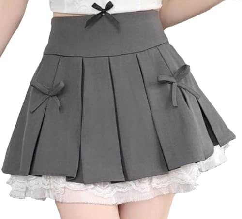 [PureAribon] Loose, Double-Layered, College-Style, High-Waisted, Preppy, A-Line Pleated Skirt (JP, Alphabet, 3XL, Gray)