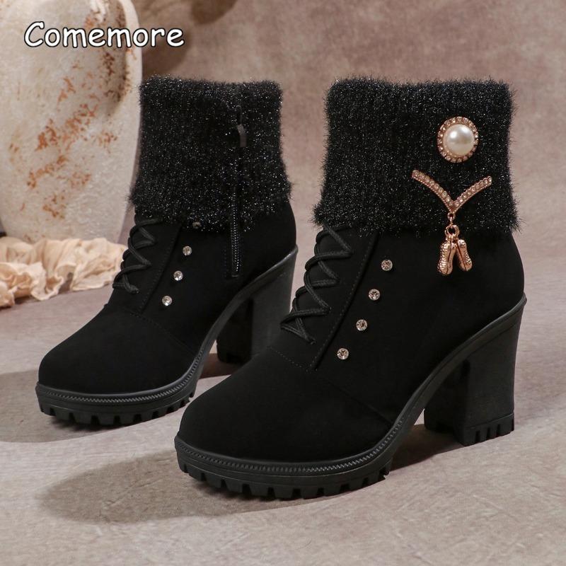 Autumn Winter Women's Brown Snow Boots Chunky High Heeled Black Botas Women Side Zipper Rhinestone Decors Botas Mujer Size35-41