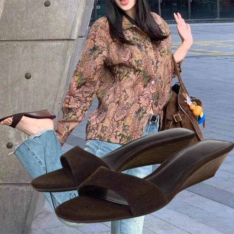 Light Luxury Wedge Sandals Fashion Simple Textured High-heeled Open-toed Sandals Brand Design Lady Versatile Solid Color Sandals