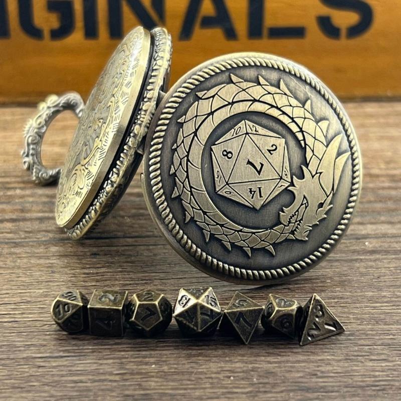 Polyhedral Micro Cubes Vintage Pocket Watch with Micro Polyhedral Set Alloy Material for Tabletop RPG and Card Games