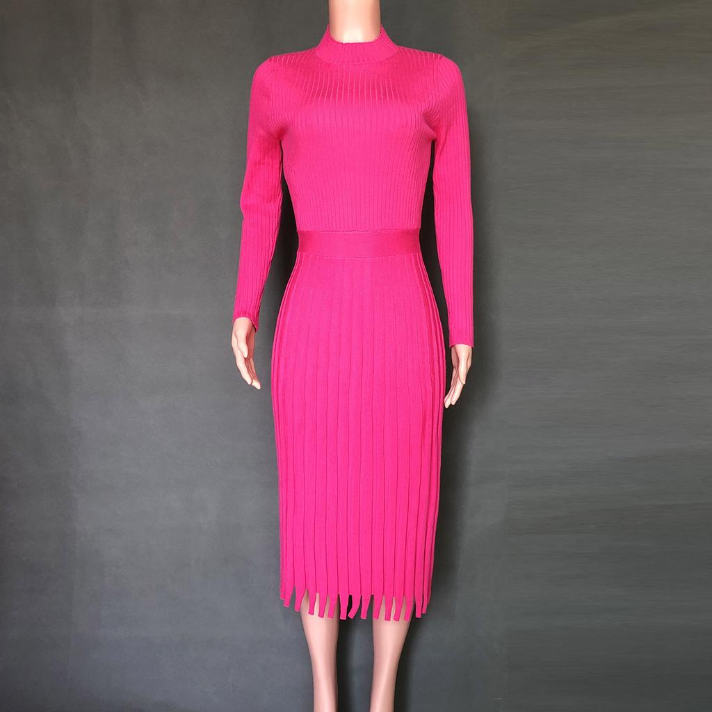Fashion Women Solid Knitted Dress  Long Sleeves Bottoming Pleated Dress
