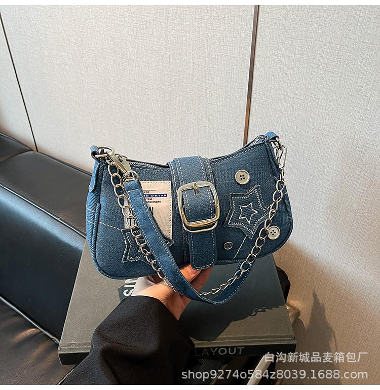 2025 New Vintage American Trend Star Shoulder Underarm Bag Fashion Denim Chain Bag Canvas Crescent Bag
