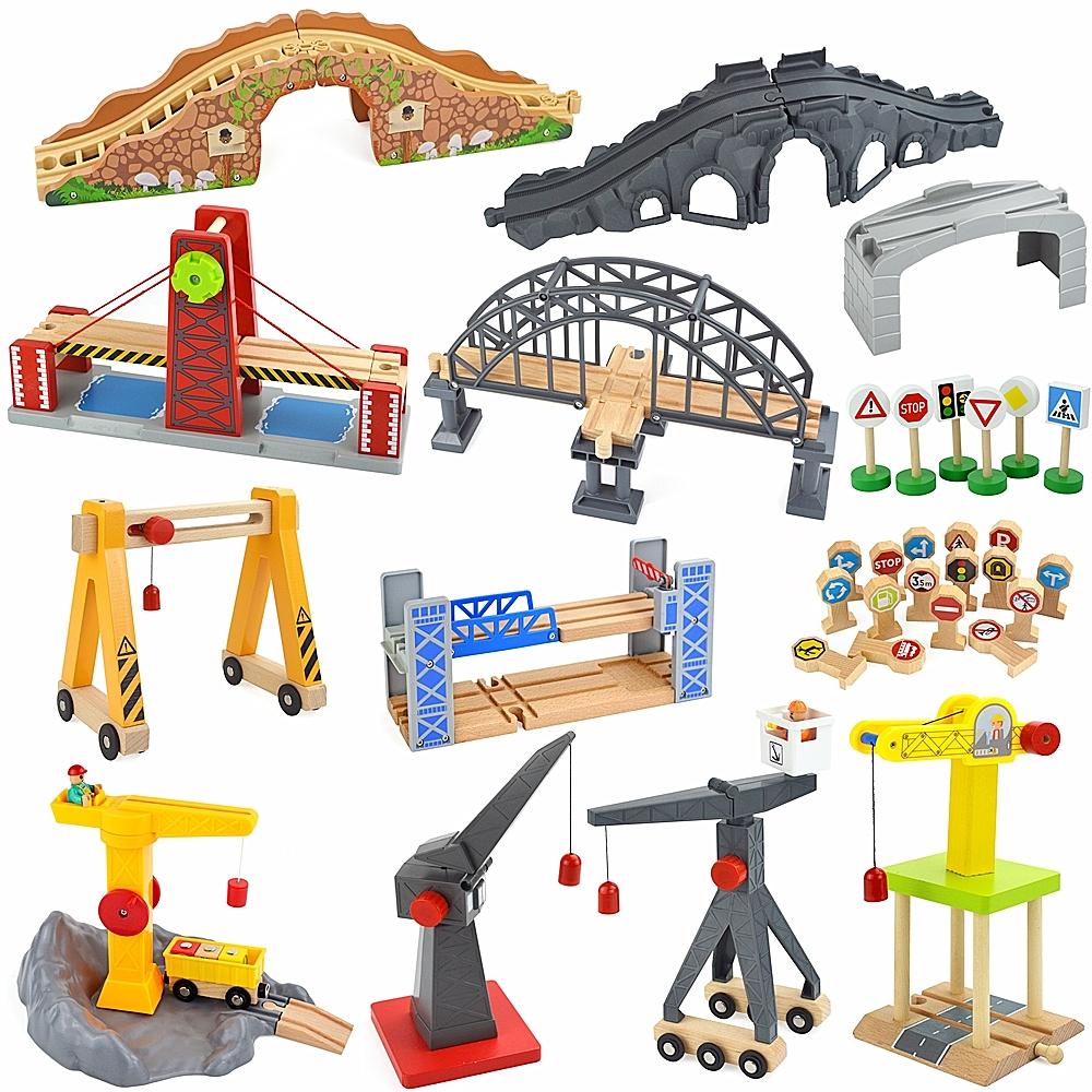 Wooden Train Track Racing Railway Street Sign Toys Bridge Track Accessories Fit Biro Wood Tracks Creative Toys For Children Gift