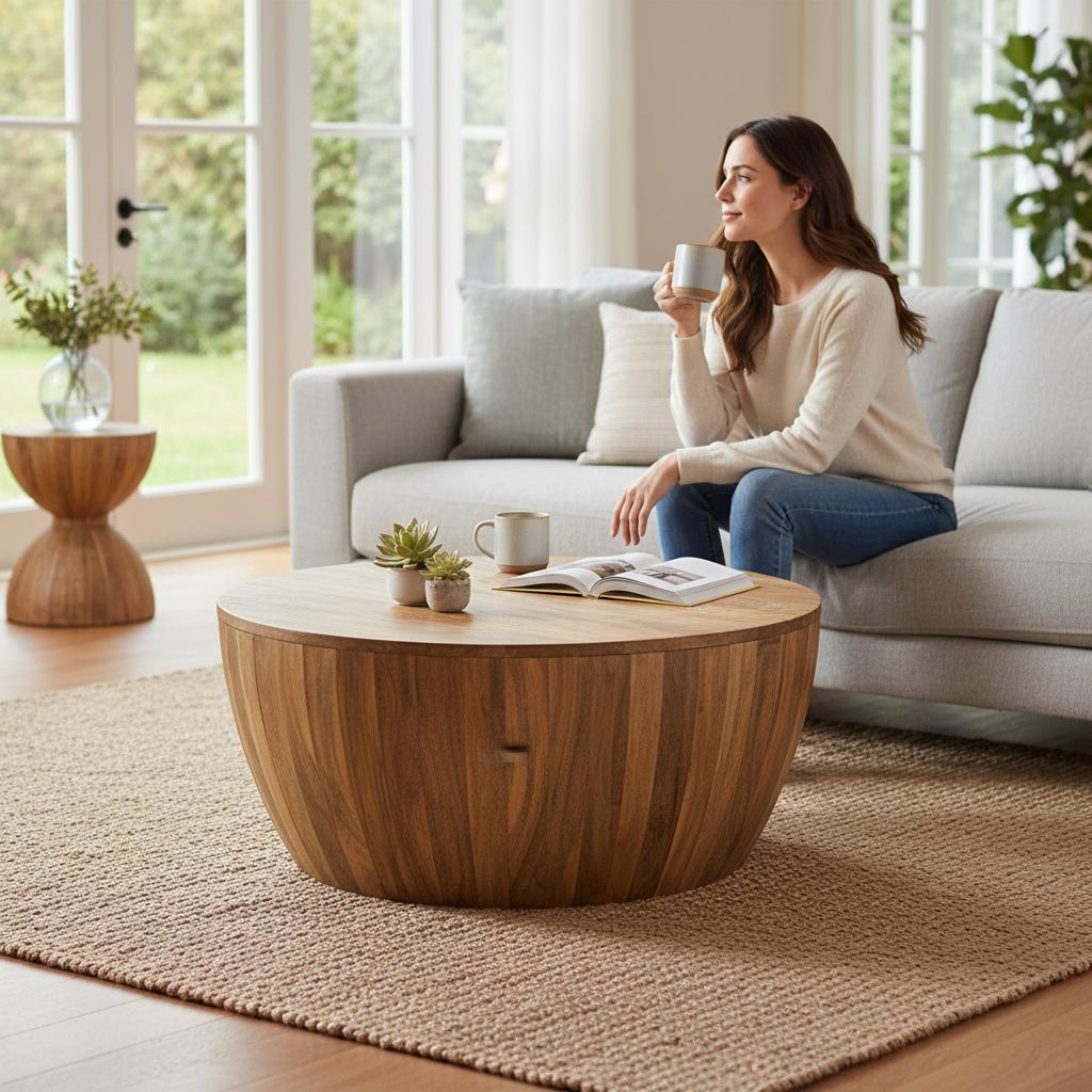 Wooden Coffee Table | Round Drum Table Stool | Living Home Decor Central Furniture, Indian Bedside Nightstand Low Table,Side Table Furniture
