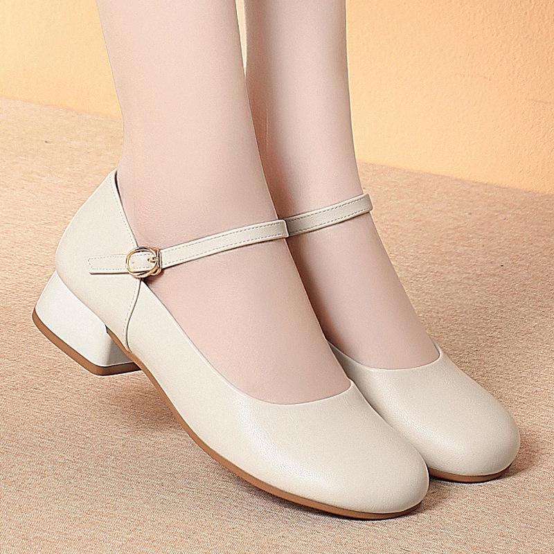 Fashion One-Line Button Mother Shoes Spring Autumn Square Toe Mary Jane Shoes Women's Single Shoes Work Shoes Leather Shoes Comfortable