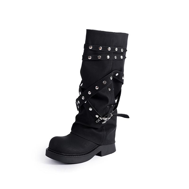 Maillard Trouser Boots 2025 Autumn New Women's Retro Round Head Niche Design Long Boots Rivet Knight Boots