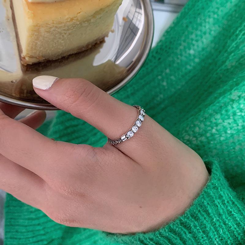 Korean Retro Grid Pattern Zircon Adjustable Ring for Women Open Adjustable