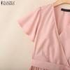 ZANZEA Women Casual V-Neck Summer Short Sleeve Pleated Dres