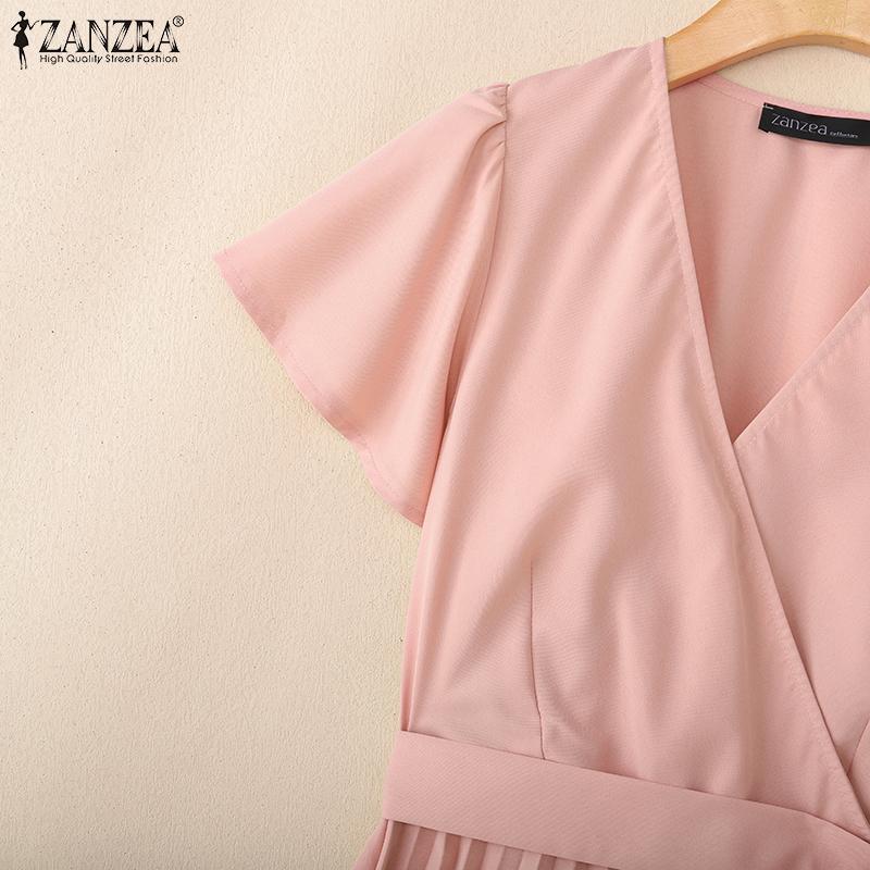ZANZEA Women Casual V-Neck Summer Short Sleeve Pleated Dres