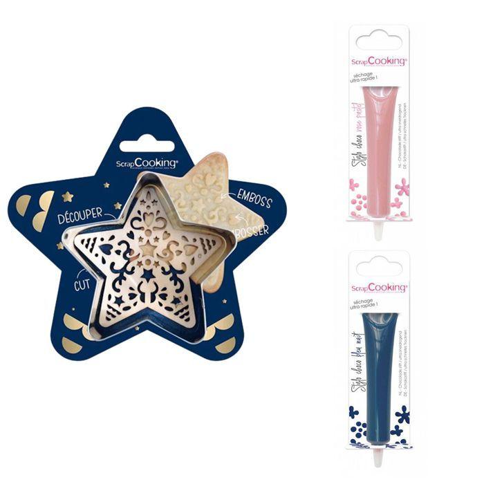 Kit pour biscuit en relief Étoile + 2 Stylos au chocolat rose pastel et bleu nuit