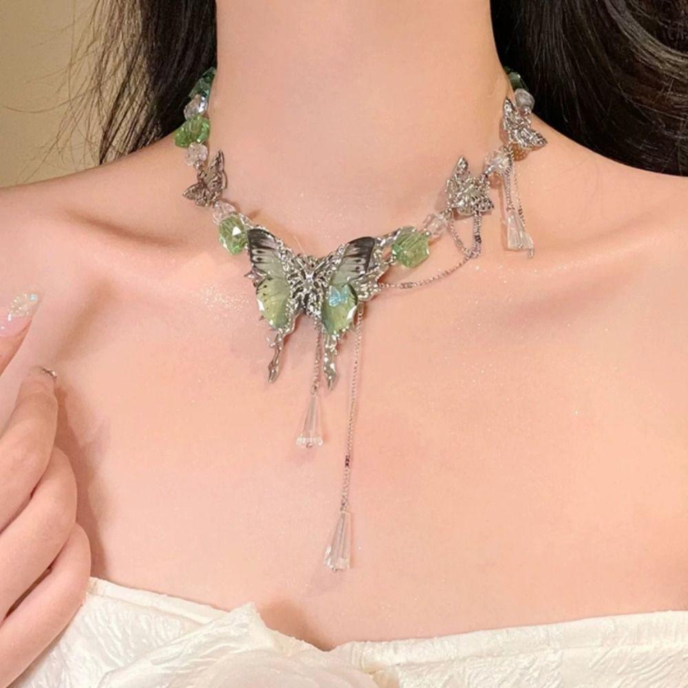 Exaggerated Rhinestone Butterfly Necklace Adjustable Women's Choker Tassel Crystal Necklace  Gifts