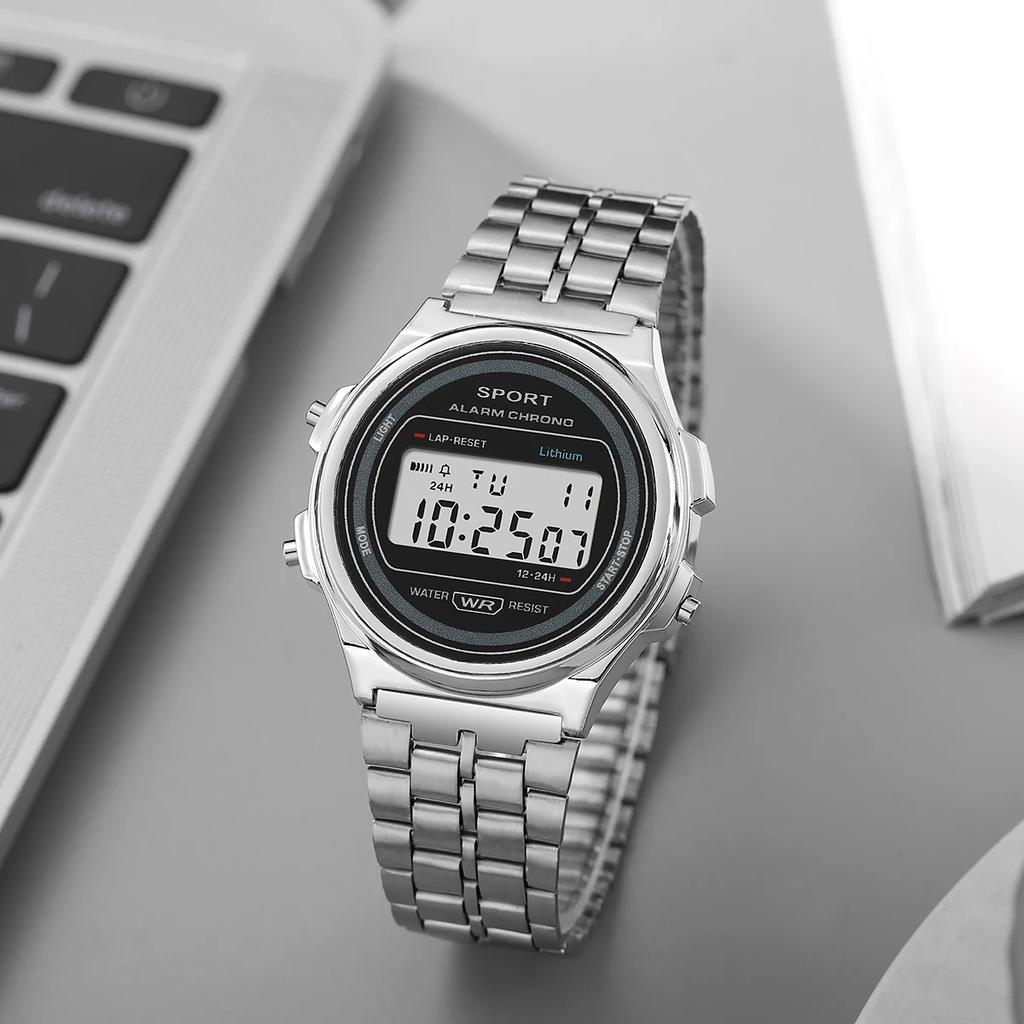 Women Casual LED Electronic Watch Retro Stainless Steel Men Women Unisex LED Digital Watch Multifunction Waterproof Wristwatch