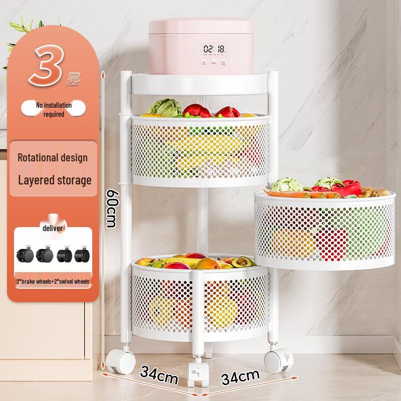 Drehbarer Multifunktionaler Küchenwagen mit Rädern - Bodenstehendes Mehrschichtiges Lagerregal für Snacks, Obst und Gemüse