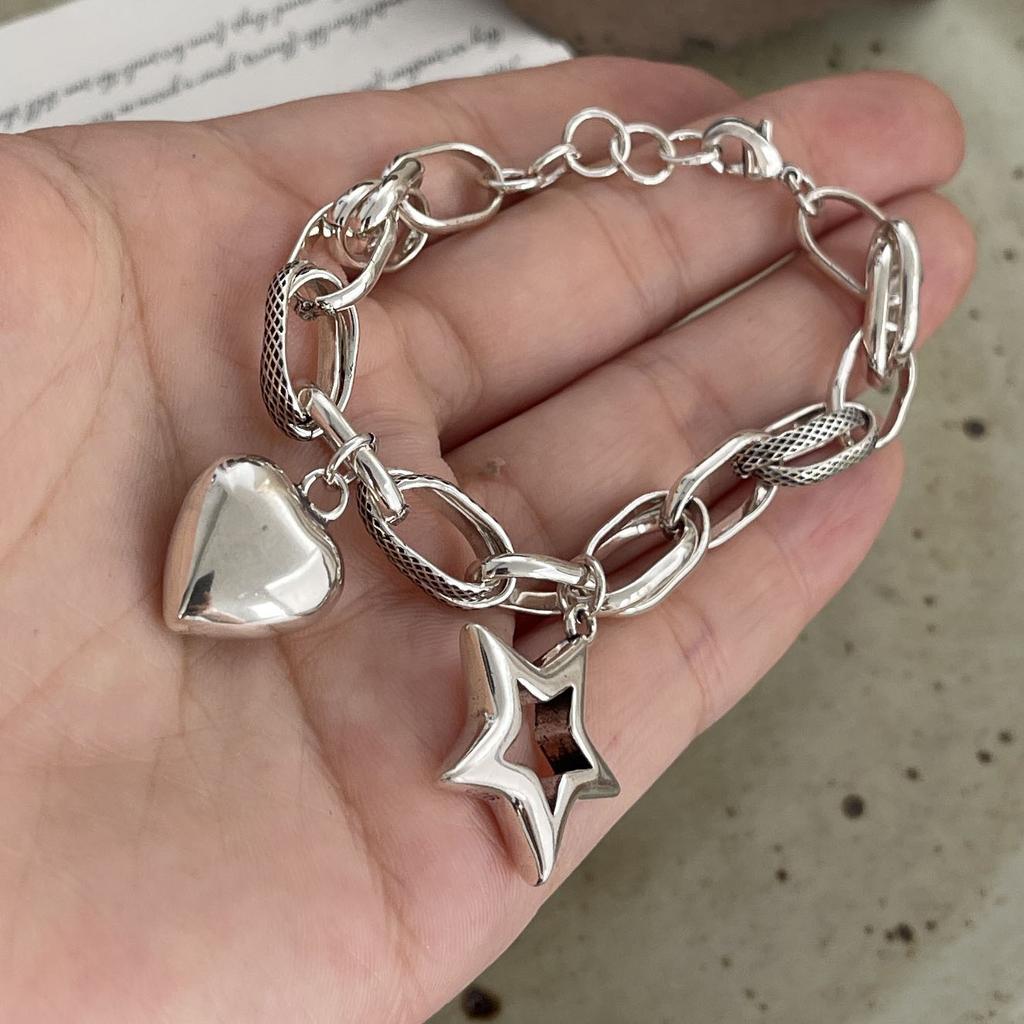 100% Solid 925 Sterling Silver Retro Bracelet for Women Men Vintage Handmade Heart Star Tassel Patern Bracelet Birthday Gift