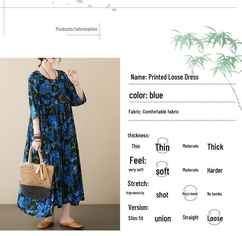 Blue Floral Cotton Linen Plus Size A-Line Dress - Summer 2023, Short Sleeve, Loose Fit