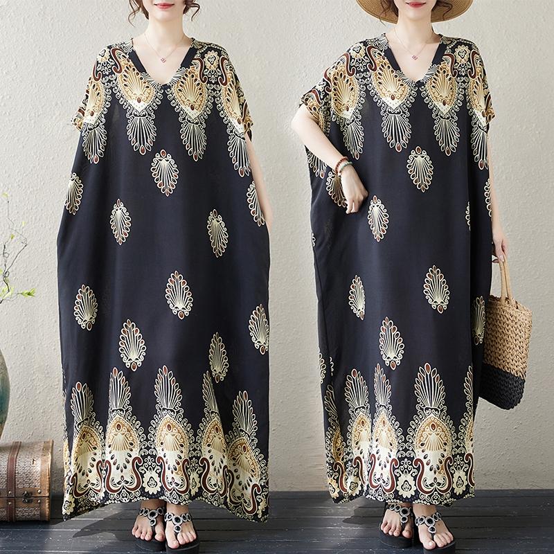 Dimanaf 2024 nadměrně velké šaty letní ženy vintage styl dovolená s výstřihem do V krátký rukáv volný nové české dlouhé šaty