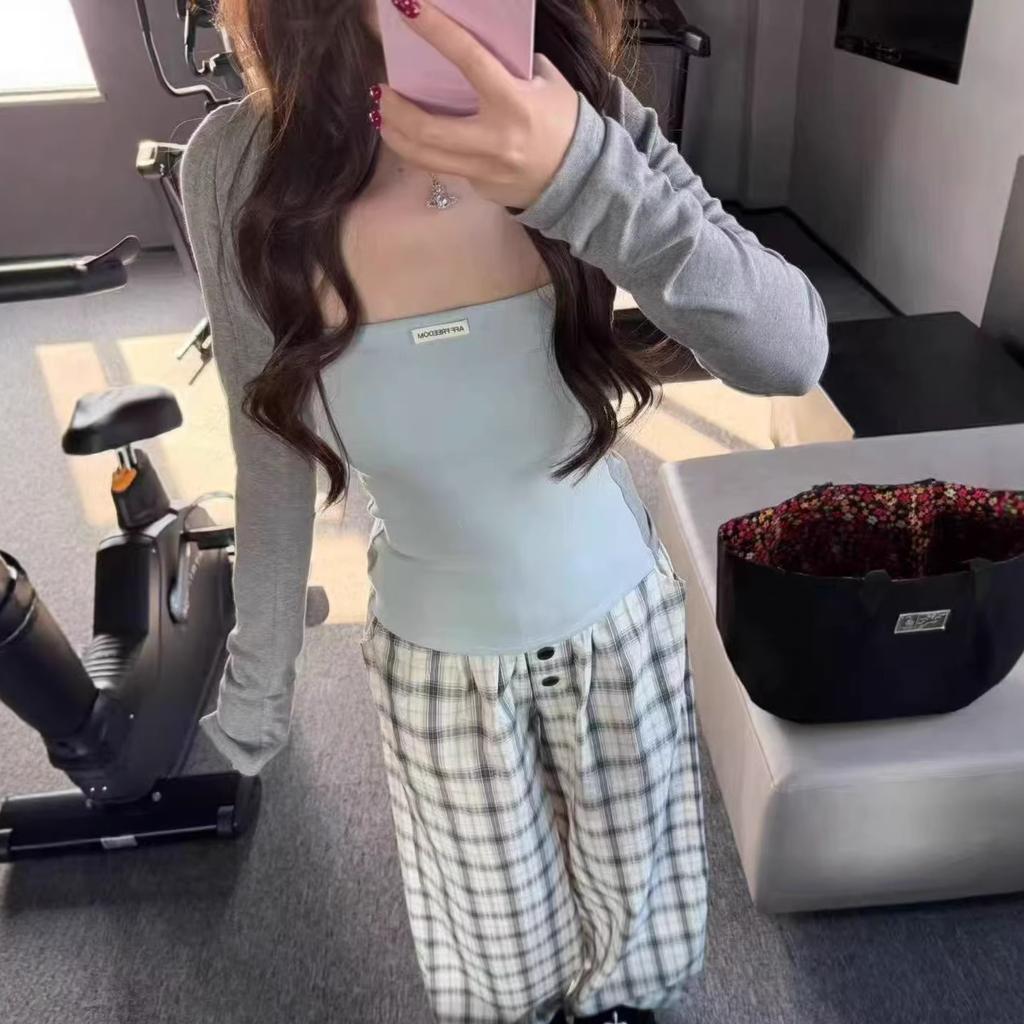 Spice girl contrasting color splicing fake two-piece long-sleeved t-shirt women's spring new slim-fitting and thin vest tube top