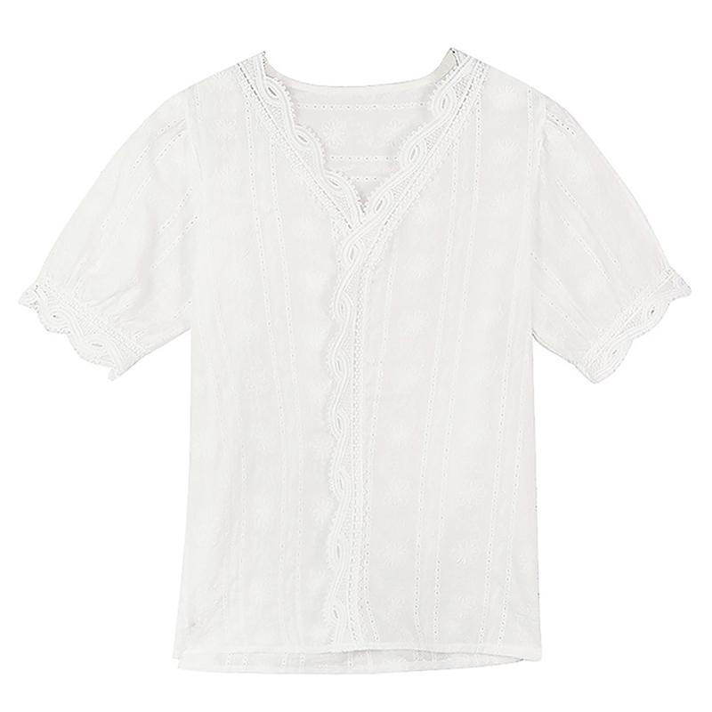 Lace Hollow Out Sweet Loose White Women's V-Neck Blouse Half Sleeves Solid Blouse Shirt