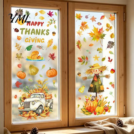 Thanksgiving Window Decals 4 Sheets Autumn Harvest Static Stickers, Maple Leaves Pumpkins Scarecrow Pickup Truck Clings Decals, Removable for