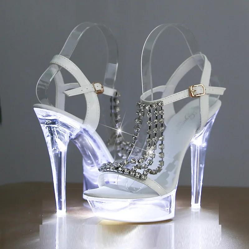 

Women s Shoes Stiletto Nightclub Luminous Shoes Rhinestone Sandals Slippers Crystal Sole 190 Series 13cm Heel 3cm 34