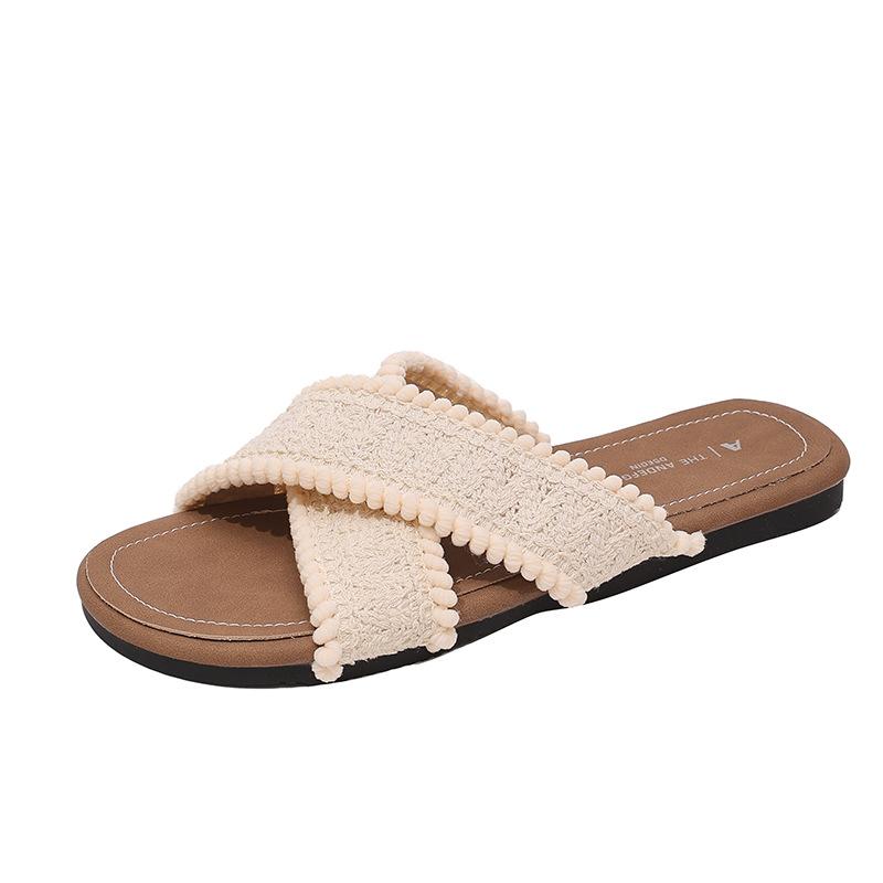 2025 Summer New Slippers Female Korean Version Fairy Wind Flat Bottom Cross Word Fashion Seaside Beach Cool Slippers Female