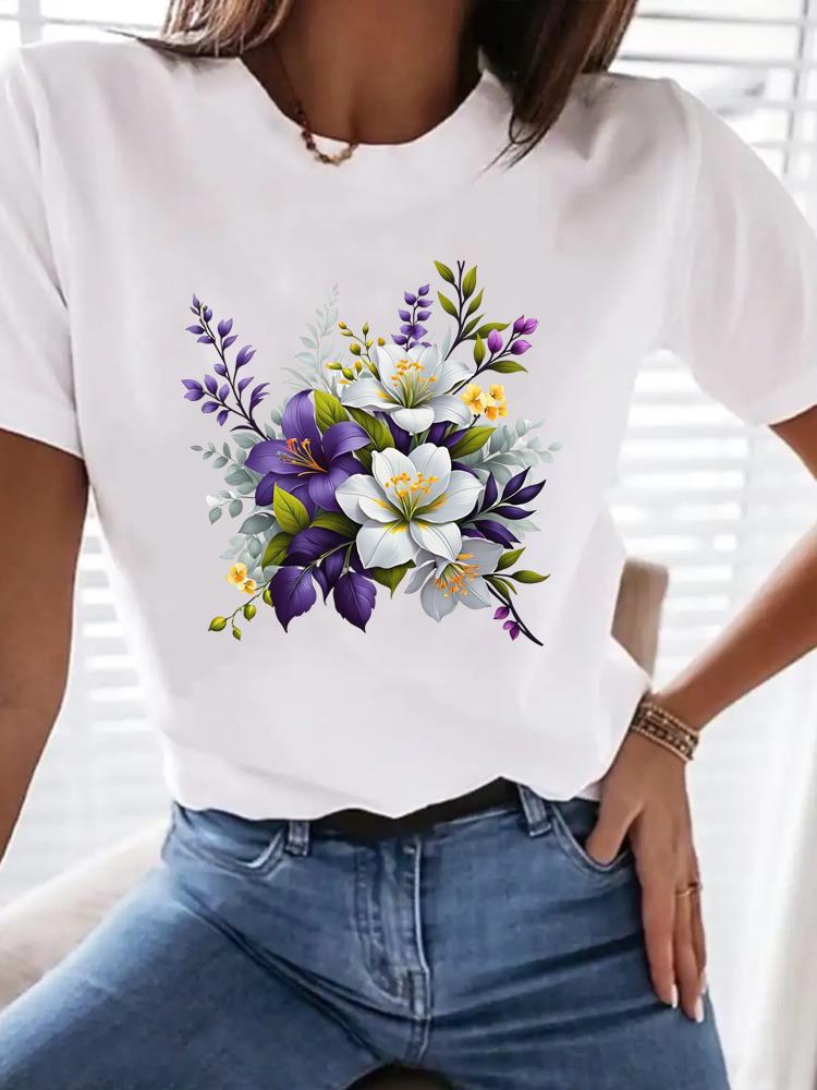 (Asian Size) Watercolor Flower Trend Women Tee Top Fashion Clothing T Shirt Woman Print Female Short Sleeve Graphic T-shirts