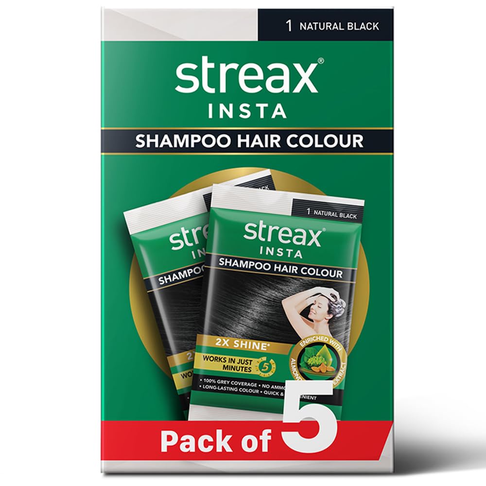 

Streax Insta Shampoo Краска для волос Натуральный черный Упаковка из 5 штук 100% закрашивание седины Стойкая Легкая в использовании