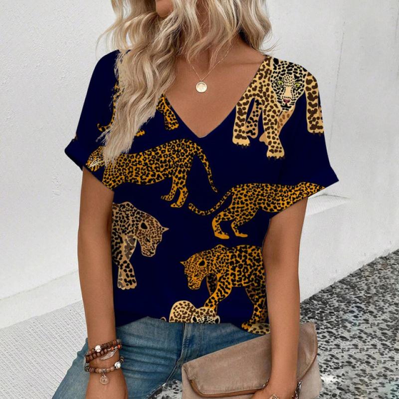 Mode femmes T-Shirts vêtements ample surdimensionné femme vêtements col en V à manches courtes t-shirt pull animaux léopard tigre haut