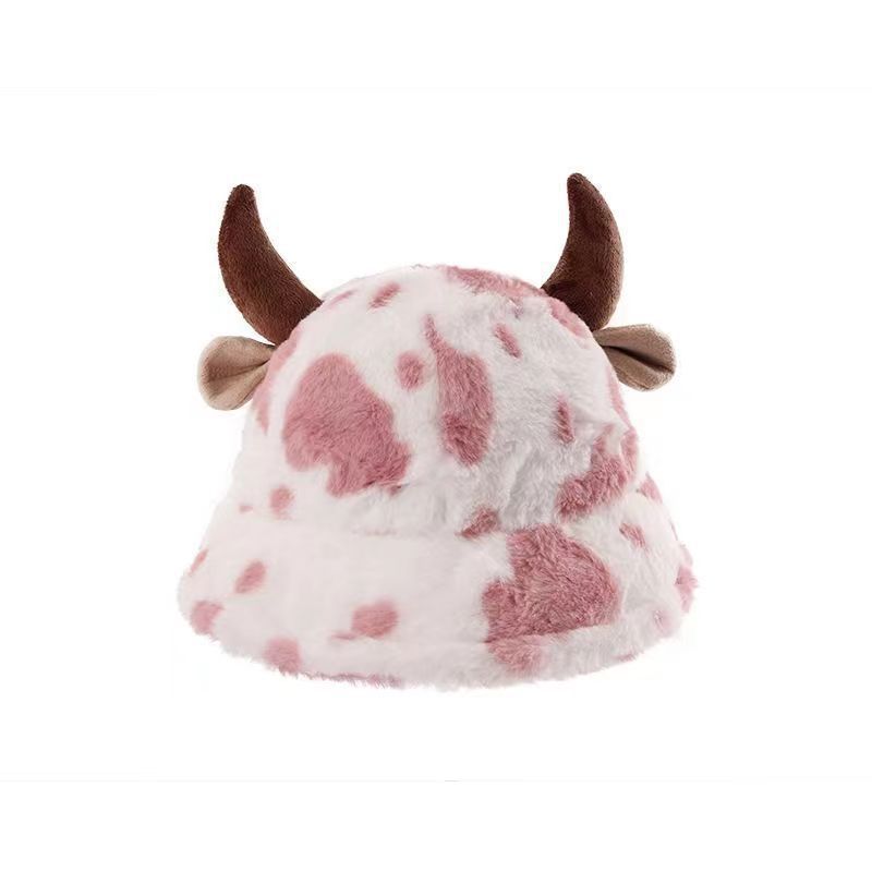 Autumn and winter new cow print horn fisherman hat female print Korean fashion plush thickened warm basin hat