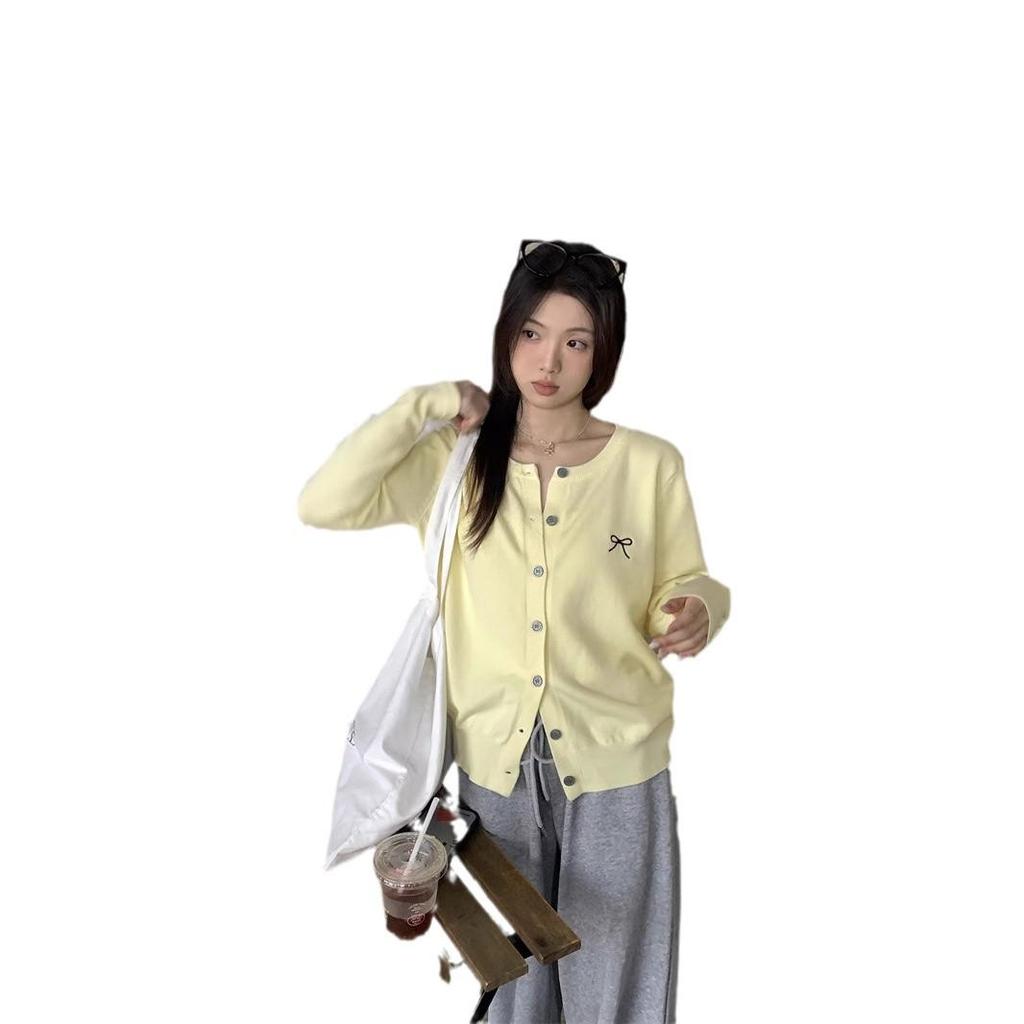 Women's Soft Knit Embroidered Bow Crew Neck Cardigan - Autumn Loose Sweater Coat