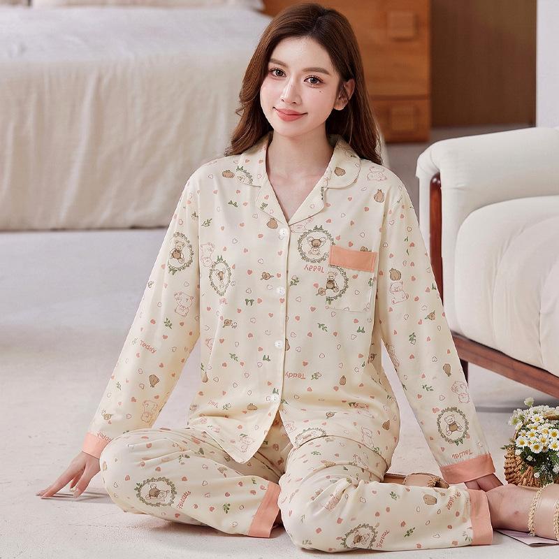 French Premium Imitation Cotton Loose Large Size Autumn Women's Pajamas Lapel Cardigan Loungewear Long Sleeve Set