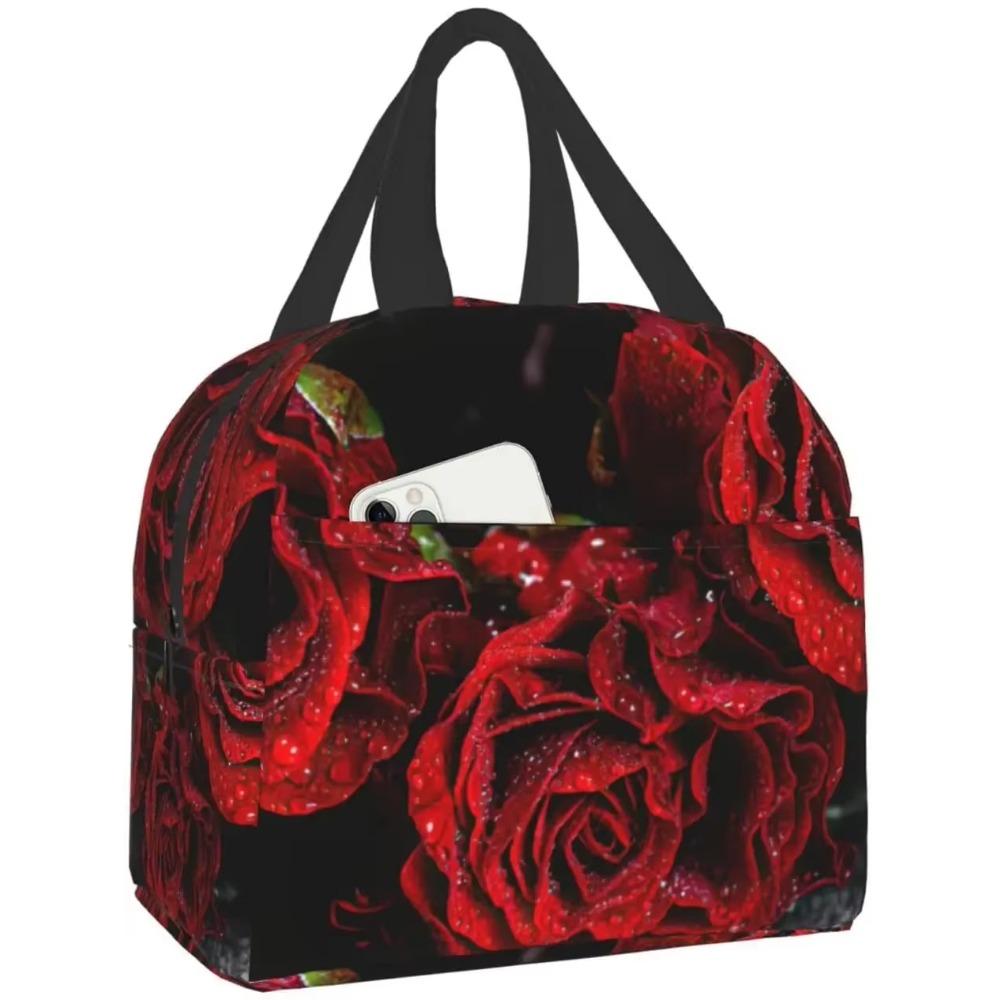 

Красные розы цветы на сером ланч-боксе дорожная сумка многоразовые изолированные сумки-холодильники для обедов для девочек и мужчин забавная сумка для пикника 22x20x13CM темно серый