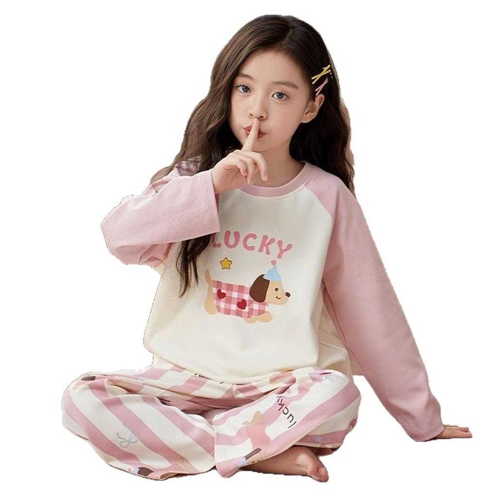 Girls' Spring Pajama Set - Cute Cartoon Long Sleeve Round Neck for Big and Medium Girls