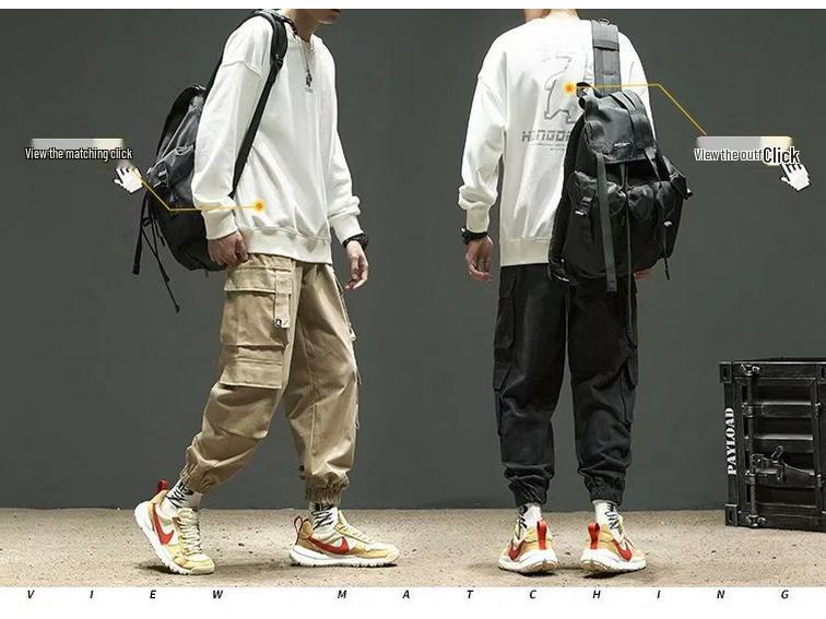 Men's American Trendy Multi-Pocket Loose Cargo Joggers - Military Green Parachute Pants, Casual Retro Style for Autumn.