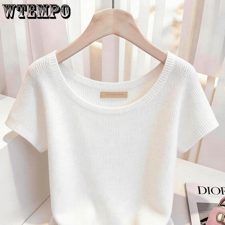 WTEMPO Women Solid Ribbed Knit Short Sleeve T-Shirt U Neck Slim Fit Soft Stretchy Knitted Blouse Casual Daily Summer Short Knit Top