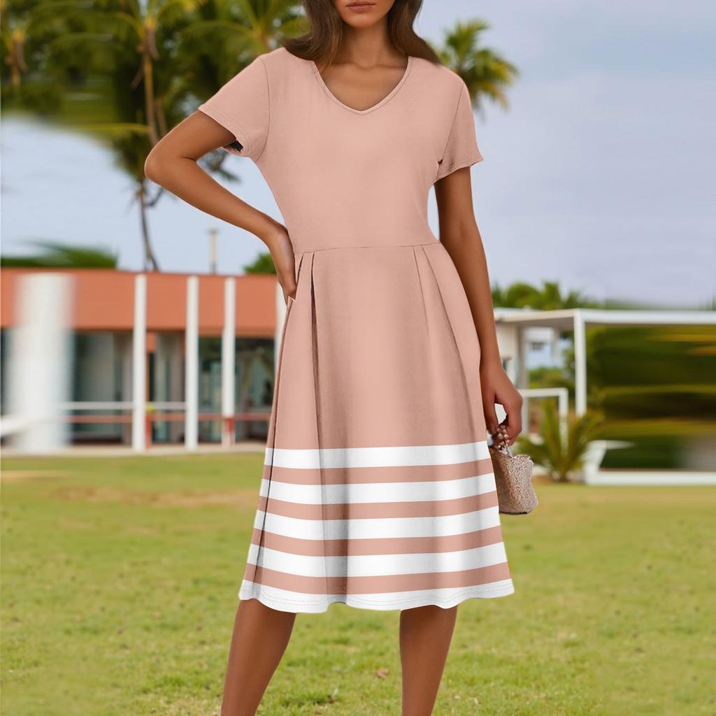Women's Summer Fashion Casual Striped Printed V-Neck Short Sleeve Dress With Pockets