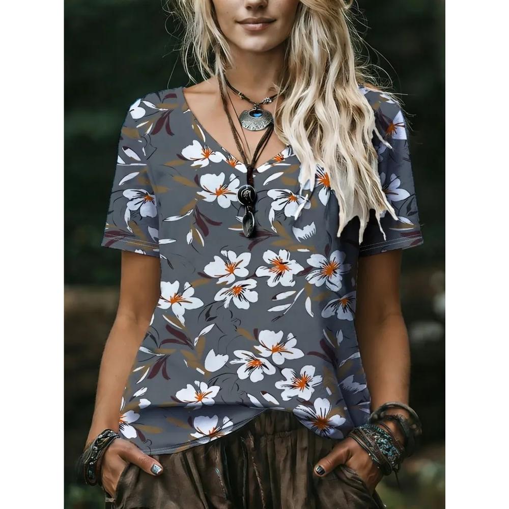 Fashion Versatile Flower Printed V-Neck Top Women's Short Sleeve Casual Comfortable T-Shirts Women’s