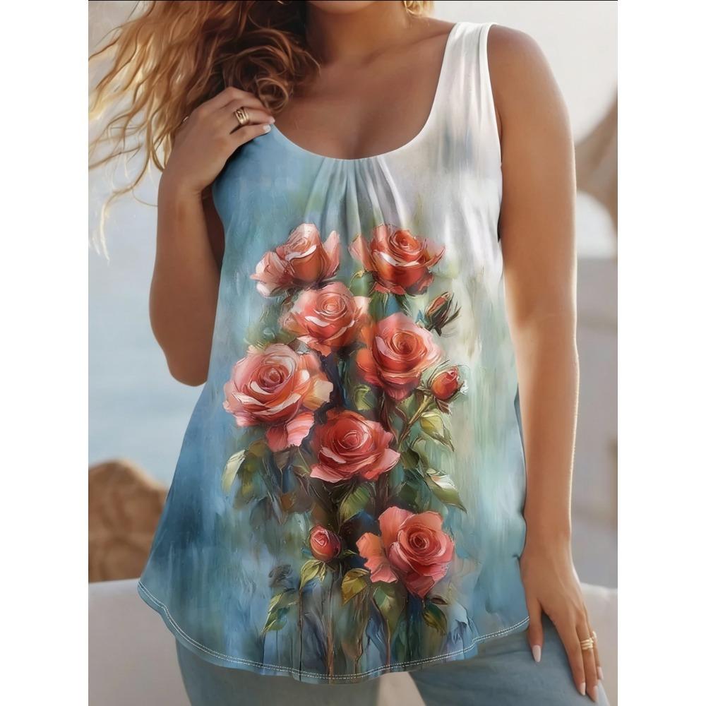 Summer Women's Large Size 3D Printing Flower Vest Loose Fashionable Comfortable Soft Breathable O Neck Sleeveless Vest
