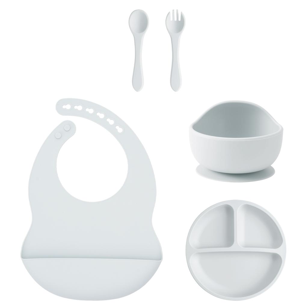 Color Kids 5-teiliges Silikon Baby Fütterungsset Saugteller Teller BPA-frei Saug-Schüssel Lätzchen Löffel Gabel Trainingsgeschirr Geschenkset