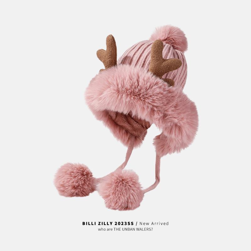 Koreanische Version der neuen Damenmode vielseitige Samt verdickte Geweih Pompon Strickmütze Student Radfahren Ohrenschutz Wollmütze