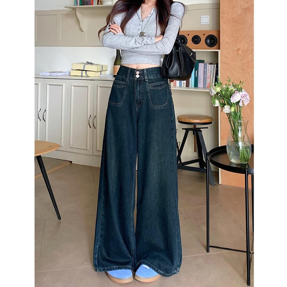 

Уличные широкие джинсы женские весенне-осенние новые универсальные с высокой посадкой свободные драпирующиеся джинсы в пол 2XL