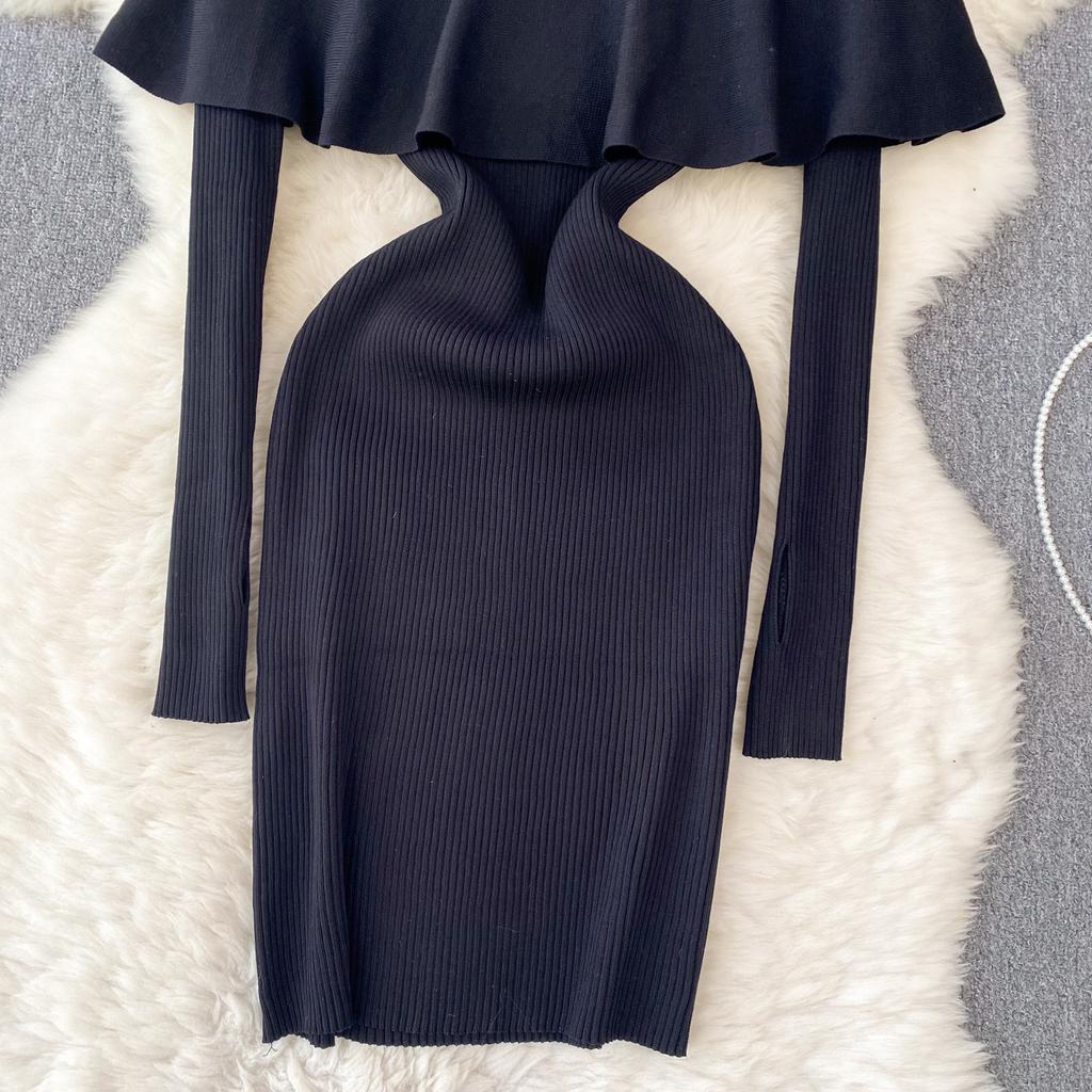 Frauen Chic Elegante Solide O Hals Langarm Rüschen Patchwork Bodycon Kleid Sexy Mode Stricken Elastische Dünne Hüfte Wrap Kleid