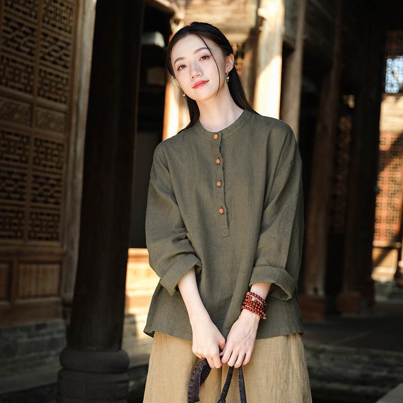Herbst Baumwolle und Leinen Damen Leinen Stehkragen Farbblock Tellerverschluss Pullover Übergröße Bluse Damen Baumwolle und Leinen Hemd